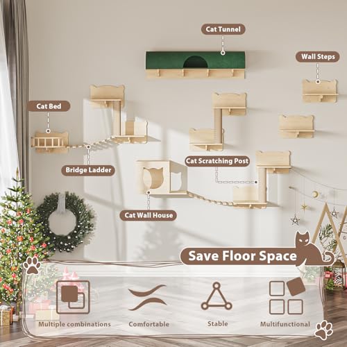 LEMBERI Cat Wall Shelves, 16 Pcs Set Wall Mounted Cat Shelves with Bed, House, Steps, Bridge Ladder, Tunnel and Scratching Post, Wooden Feline Furniture for Indoor Climbing, Sleeping, Playing