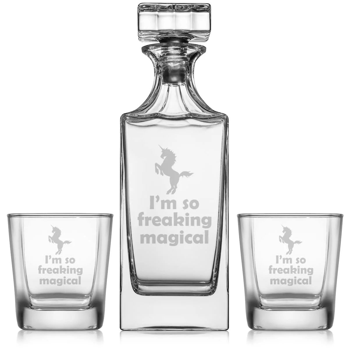 Whiskey Decanter Gift Set With 2 Whiskey Old Fashioned Rocks Glasses I'm So Freaking Magical Unicorn
