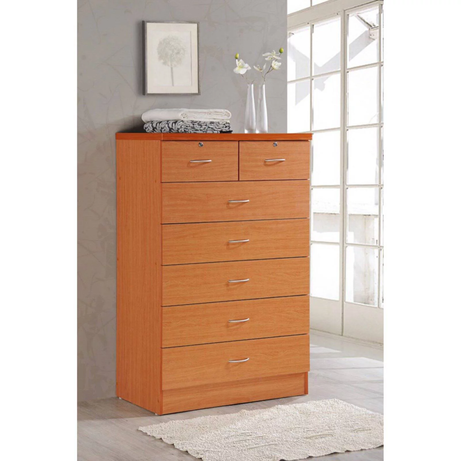 Hodedah 7 Drawer Wooden Jumbo Dresser Chest with 2 Top Locks, Cherry
