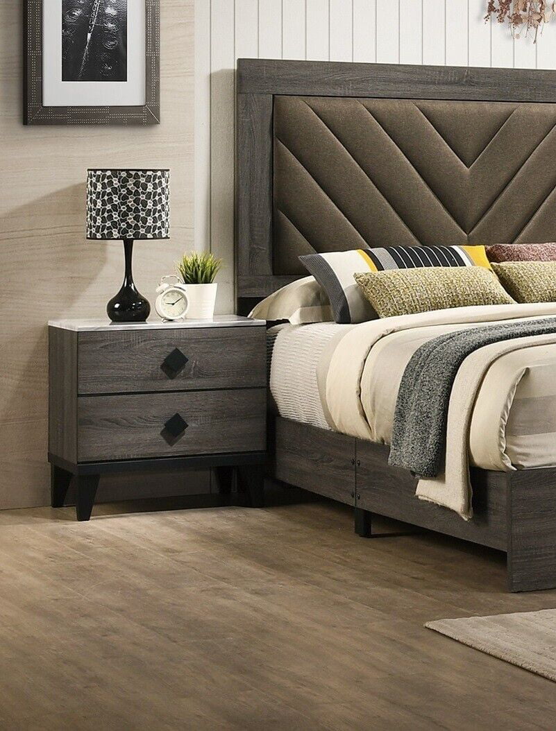 Queen Size Bed And 2x Nightstands Gray Finish Transitional Style Wooden Bedroom Tufted Headboard Bedframe 3pc Furniture Set