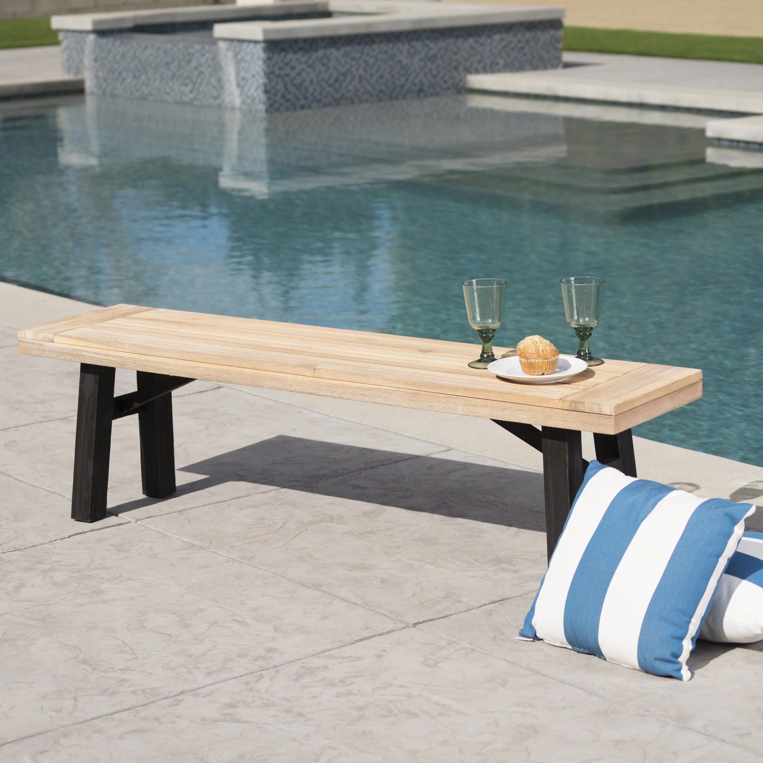 Bettinger Outdoor Acacia Wood Dining Bench with Brushed Mahogany Legs, Brushed Grey