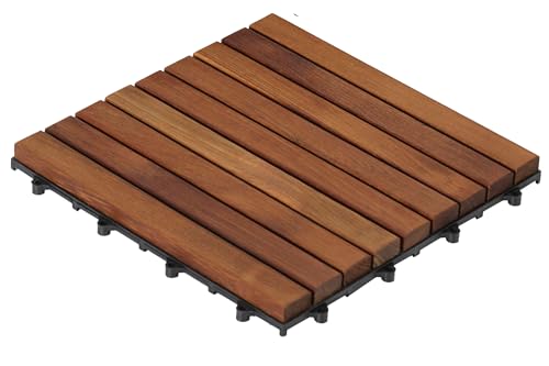 Bare Decor EZ-Floor Interlocking Flooring Tiles in Solid Teak Wood Oiled Finish (Set of 10), Long 9 Slat