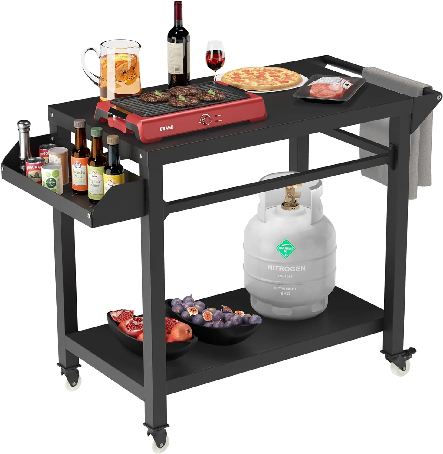 Outdoor Grill Cart Table, Outside Pizza Oven Stand with Wheels, Bottles Basket, 4 Hanger Brackets, Outdoor Prep Table for Tabletop BBQ Grill, Griddle, Black