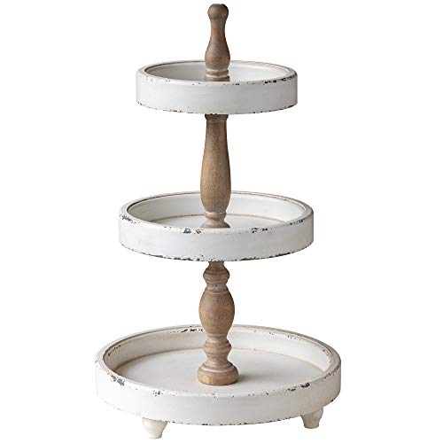 SOFE Distressed White 3 Tiered Tray Stand, Rustic Wood Three Tiered Tray for Spring Easter Decor, Round Farmhouse Tier Tray for Coffee Bar, Kitchen Counter, Dining Room, Home Tabletop Centerpiece