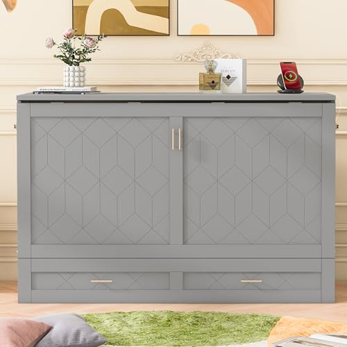 Harper & Bright Designs Queen Size Murphy Wall Bed, Chest Cube Cabinet With USB, Charging Station and Large Storage Drawer for Home Office, Pulley Structure Design - Gray