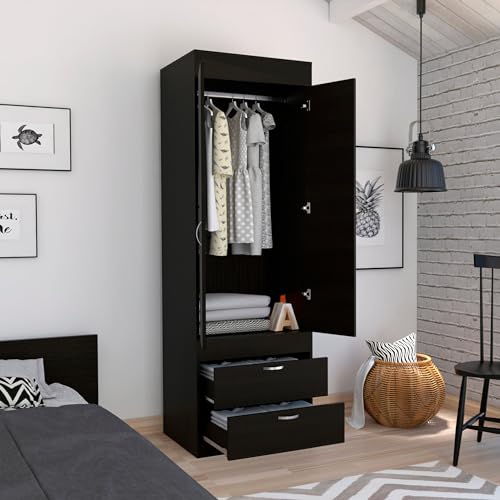 Armoire Wardrobe 2 Doors and 1 Drawer, Clothes Cabinet with Storage Shelves and Hanging Rod, Freestanding Wooden Closets Organization for Bedroom, 31.5″x19.7″x71.1″, 19.5 inch, White