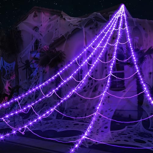 Halloween Spider Web Lights 150 LED Lighted Spider Web Giant 16.4 Ft Halloween Decorations Light up with 8 Lighting Modes Waterproof & Timer Outdoor Indoor Yard Haunted House Decor, Purple & Orange