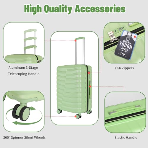 Lightweight Luggage with Spinner Wheels & YKK Zipper, 3-Piece Travel Suitcase ABS+PC Hardshell Luggage Set with TSA Lock, Light Avocado Green (20+24+28 inch)