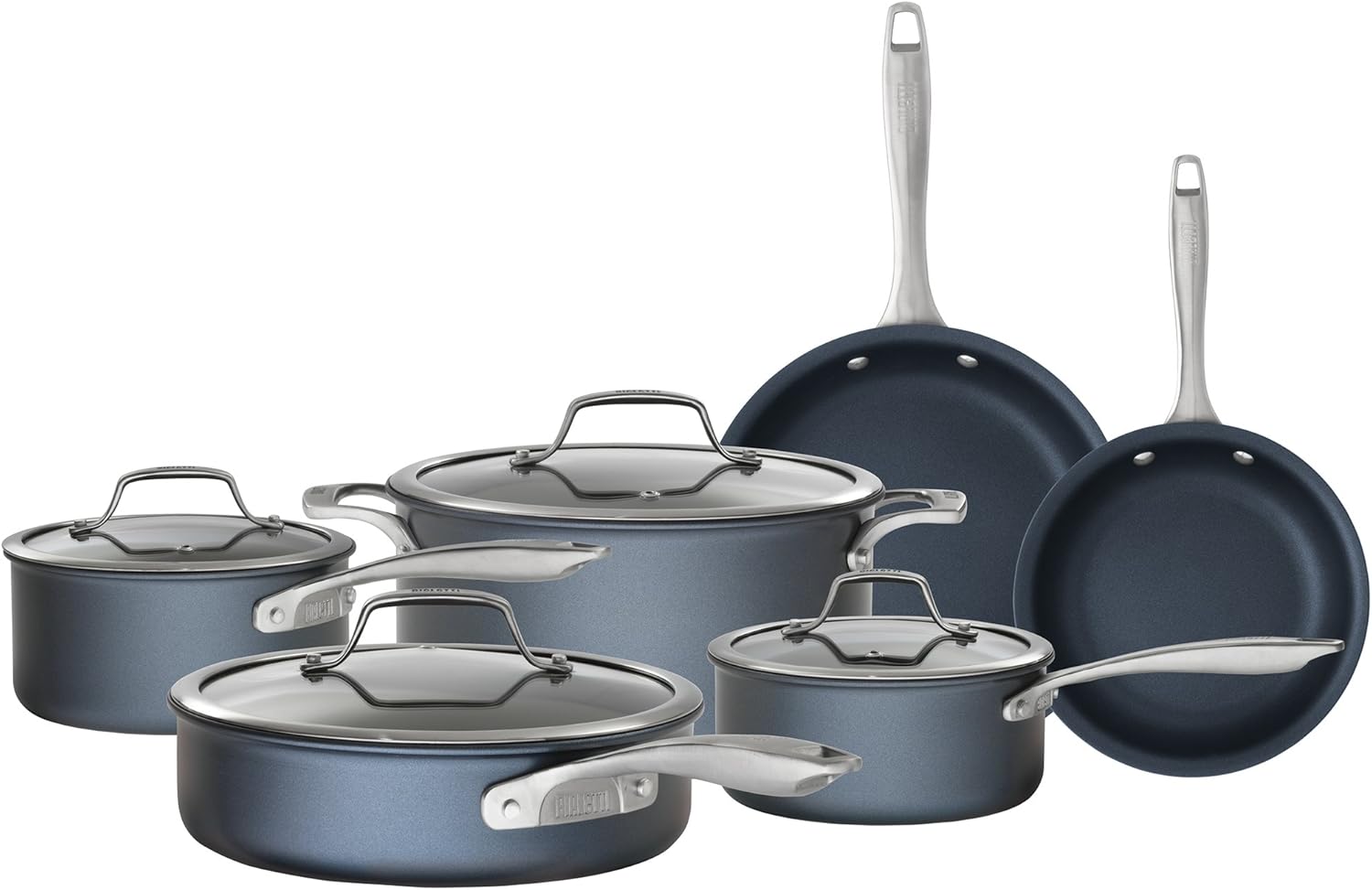 Bialetti Sapphire Hard Anodized Nonstick 10-Piece Oven-Safe Cookware Set, Gray - 10-Piece Set, Hard Anodized Aluminum, Nanotec-Infused Nonstick Surface, Stainless Steel Handles, Versatile, Oven-Safe
