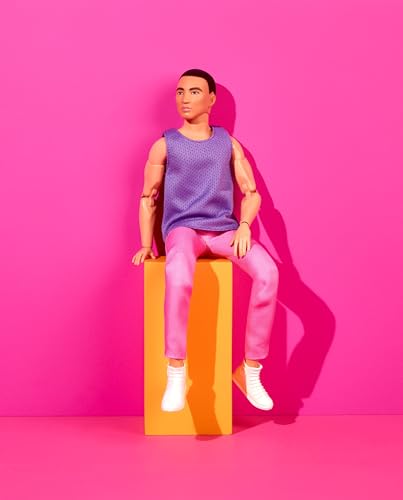Barbie Looks Ken Fashion Doll with Black Hair Dressed in Purple Mesh Top & Pink Trousers, Posable Collectible with Made to Move Body