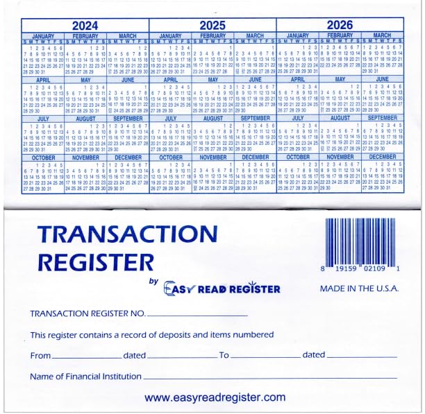 18 Check Registers 24/25/26 Calendars for Personal Checkbook - Checkbook Ledger Transaction Registers Log for Personal or Business Bank Checking Account, Saving Account