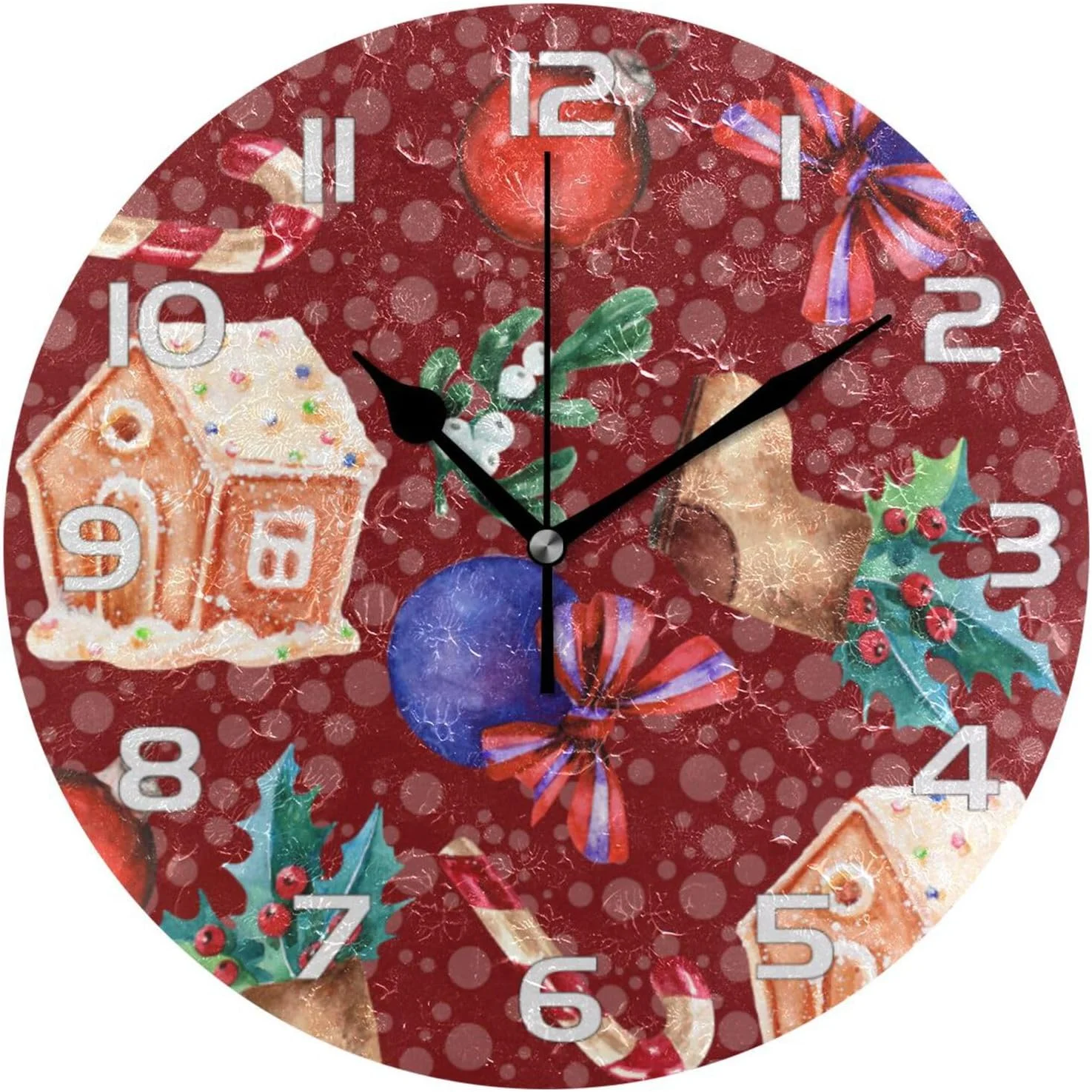 Christmas Gingerbread House Wall Clock, Silent Non Ticking Battery Operated Creative Decorative Round Clock for Kitchen, Living Room, Bathroom, Home School Office, 10 Inch