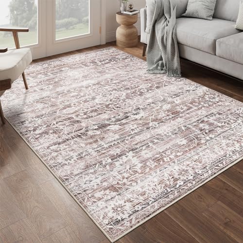 8x10 Area Rugs for Living Room, Stain Resistant Washable Rugs for Dining Room, Kitchen, Floral Vintage Non-Slip Thin Large Area Rug(Brown, 8'x10')