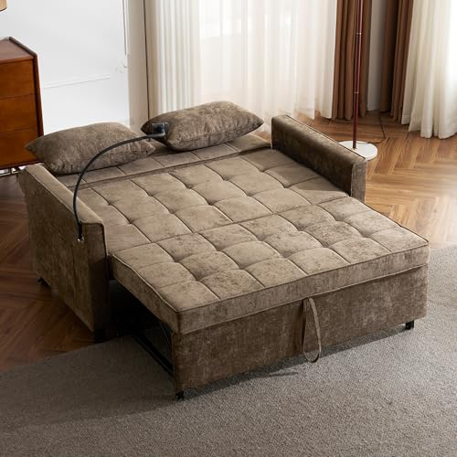 Merax 3 in 1 Convertible Sleeper Sofa Bed, Futon Couches for Living Room with USB Ports | Phone Holder| Reversible Backrest | Pull Out Couch |Small Loveseat, Brown