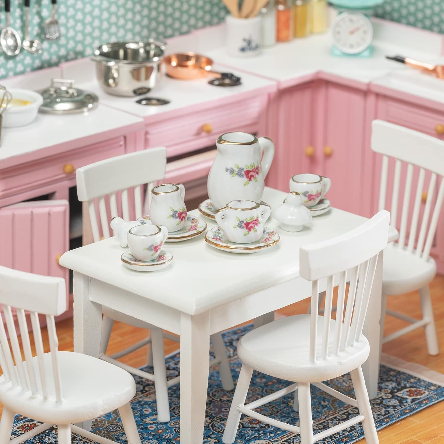 SAMCAMI 1:12 Dollhouse Furniture - Exquisite Kitchen Room Set (17 Pieces) - Dining Table with Chairs, Tea Set, Carpet - Dining Room Furniture Model (White)