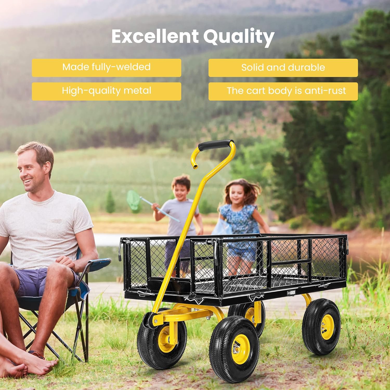 VIVOHOME Heavy Duty 880 Lbs Capacity Mesh Steel Garden Cart with Removable Sides and 4.10/3.50-4 inch Wheels (Black) and Heavy Duty 550 Lbs Capacity Mesh Steel Garden Cart with Removable Sides (Green)