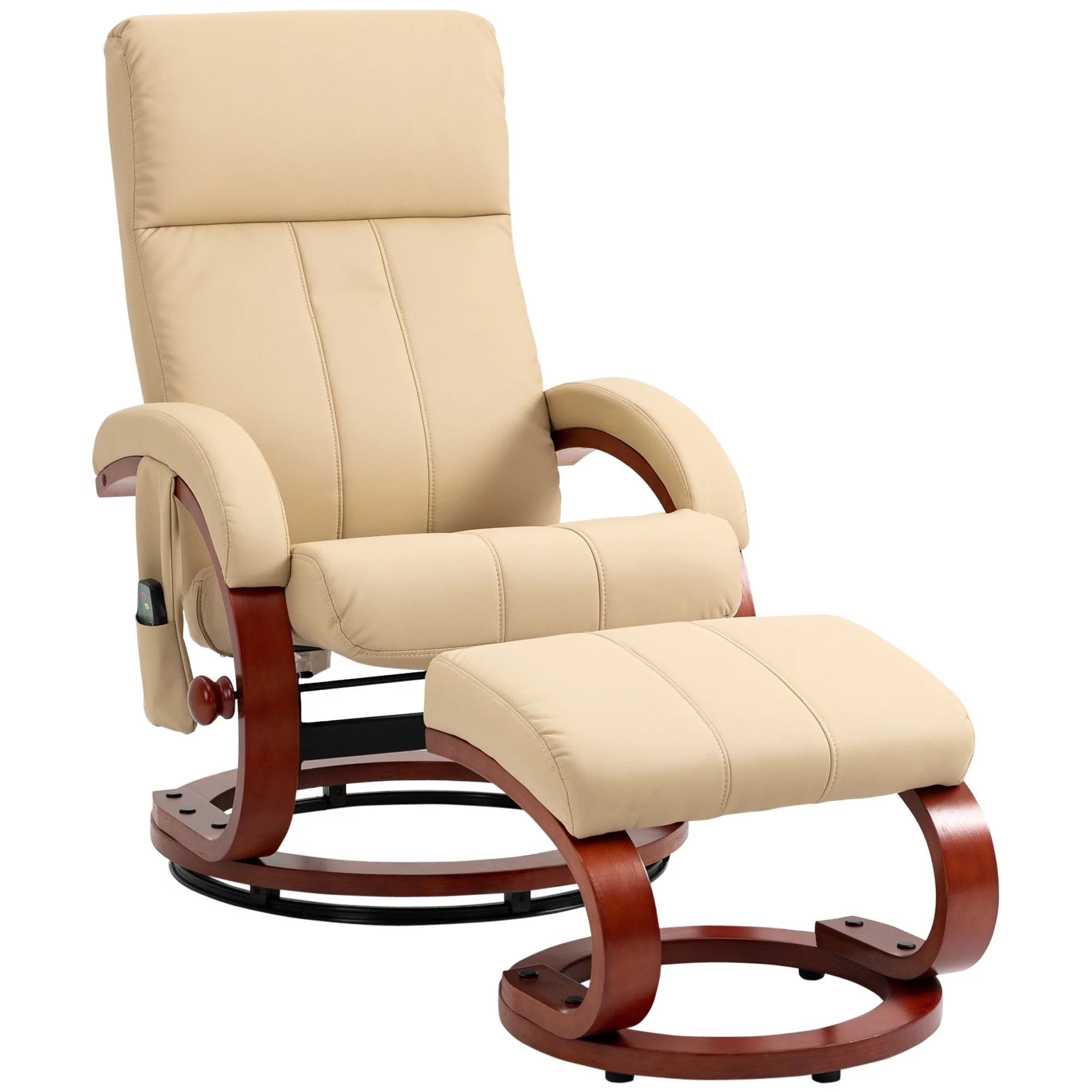 HOMCOM Recliner Chair with Ottoman, Electric Faux Leather Recliner with 10 Vibration Points and 5 Massage Mode, Reclining Chair with Remote Control, Swivel Wood Base and Side Pocket, Beige