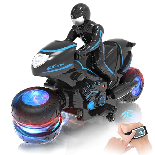 Eulogia Remote Control Motorcycle Toys New Upgraded RGB Wheels Lights, RC Motorbike with 2-in-1 Remote, Gesture Sensing Stunts Dirt Bike, 360° Rotating High Speed Motocross Car for Boys Girls Gift
