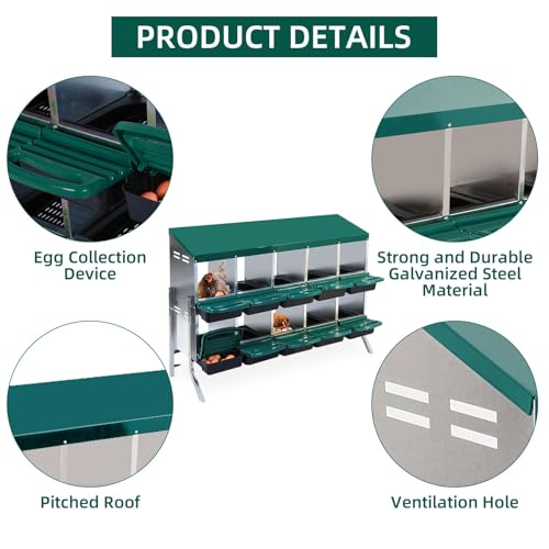 Chicken Nesting Box, 10 Hole 2 Layer Hen Nest Box with Legs, Roll Away Eggs Laying Boxes,Cleanable Pull Out Hen Roosting Boxes