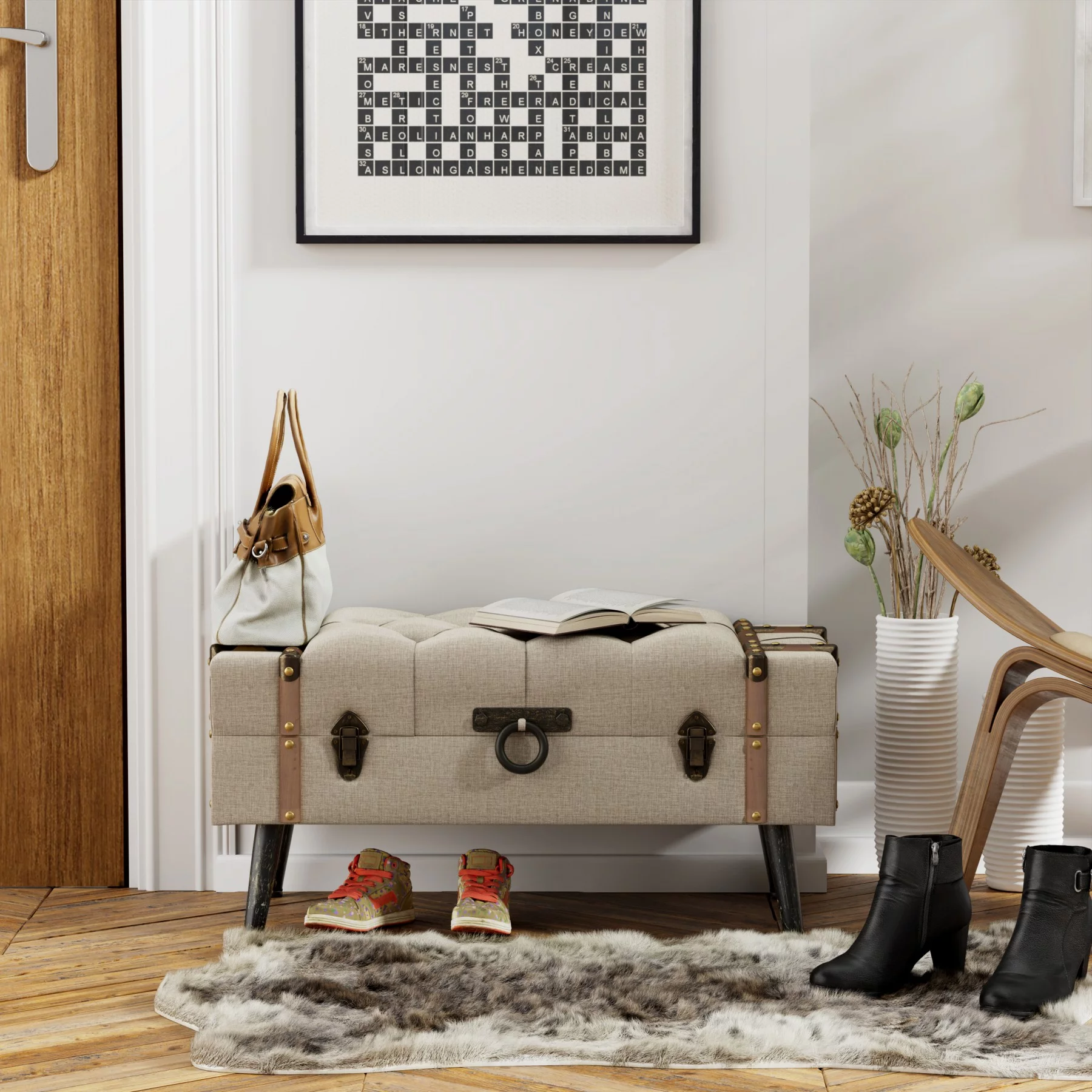 COZAYH Modern Storage Ottoman, Upholstered Button Tufted Storage Bench, Padded Footrest Stool, Toy Chest Home Organizer with Latch Closure and Buckles for Bedroom, Entryway, Hallway