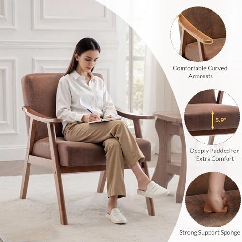 Rovibek Upholstered Accent Chair with Arms - Mid Century Modern Accent Chairs with Wood Frame, Upholstered Arm Chairs with 5.9in Thick Foam, Beige Occasional Chair, Set of 2