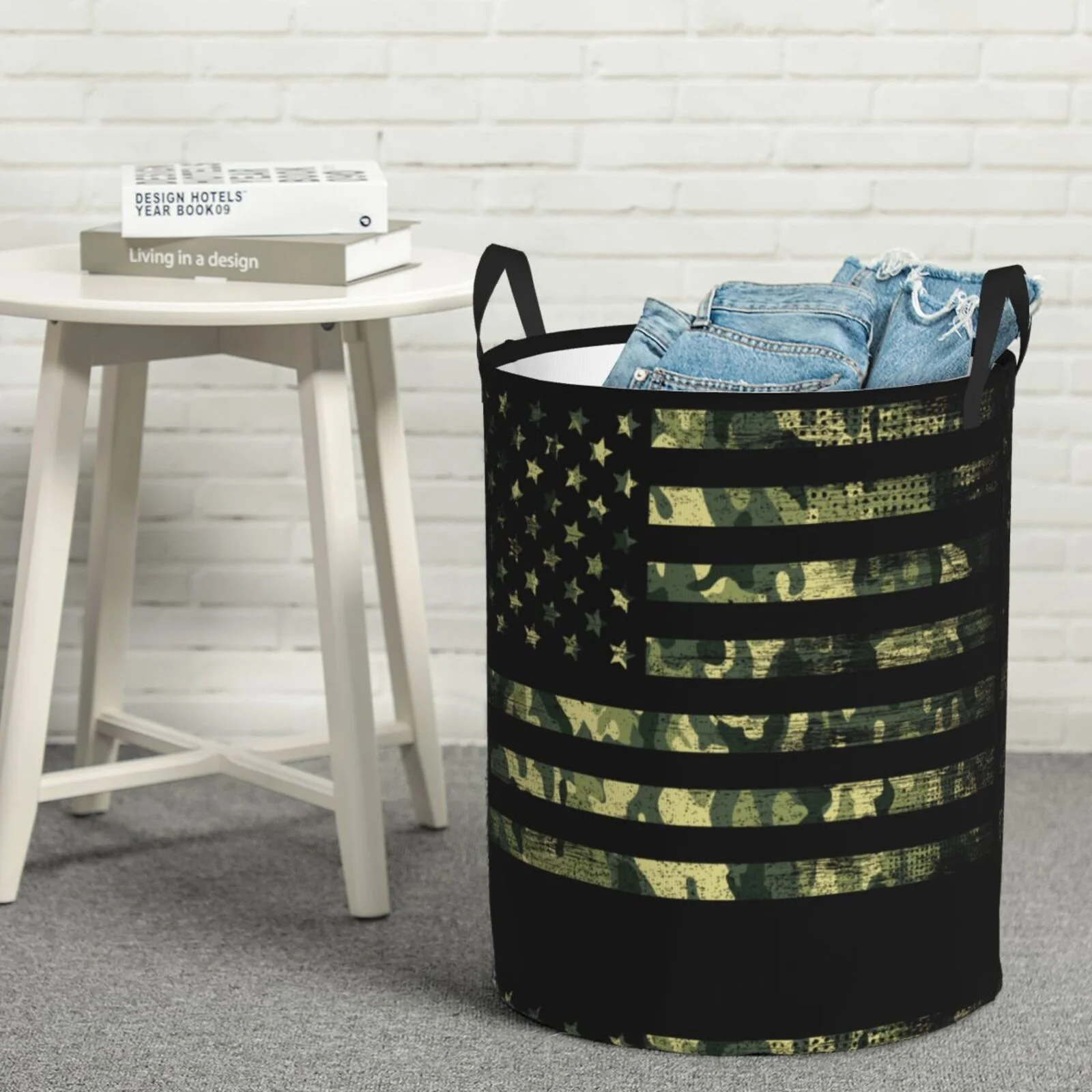 Fotbe Laundry Hamper With Durable Leather Laundry Basket American Flag Camo Thickened Waterproof Round Collapsible Laundry Hamper, Dirty Clothes Laundry Basket