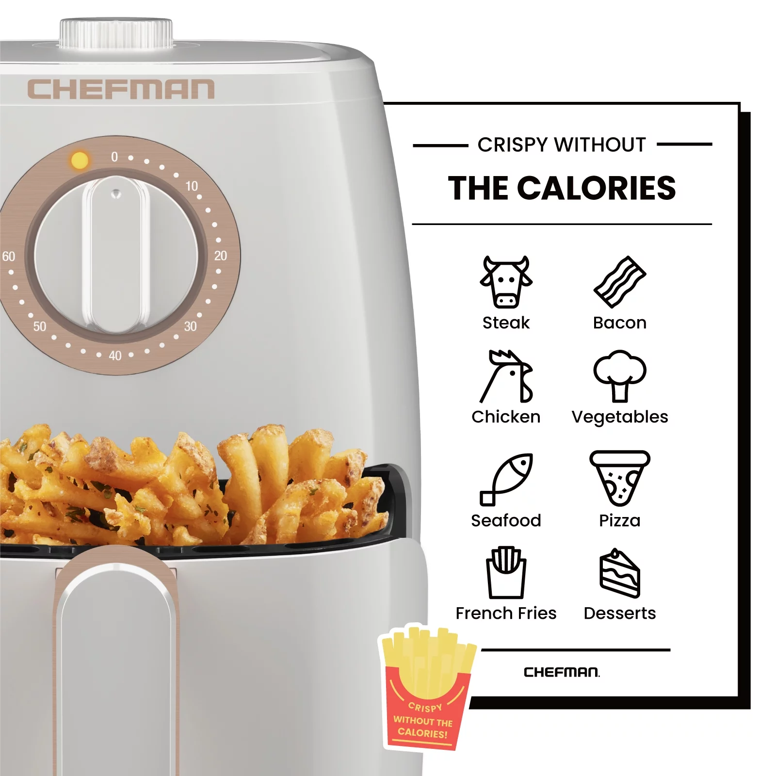 Chefman Turbofry Air Fryer w/ Timer and Temperature Control, 2 Qt Capacity - White, New