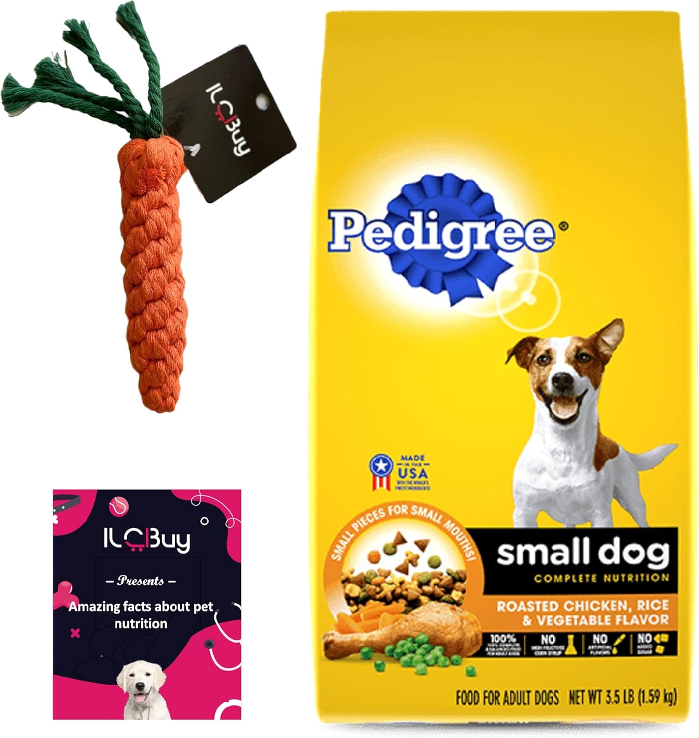 Pedigree Small Dog Dry Food Bundle | Includes 1 Bag of Pedigree Dry Adult Small Breed Chicken, Rice & Vegetables Flavor (3.5 LB)| Plus Carrot Dog Toy and a Booklet.