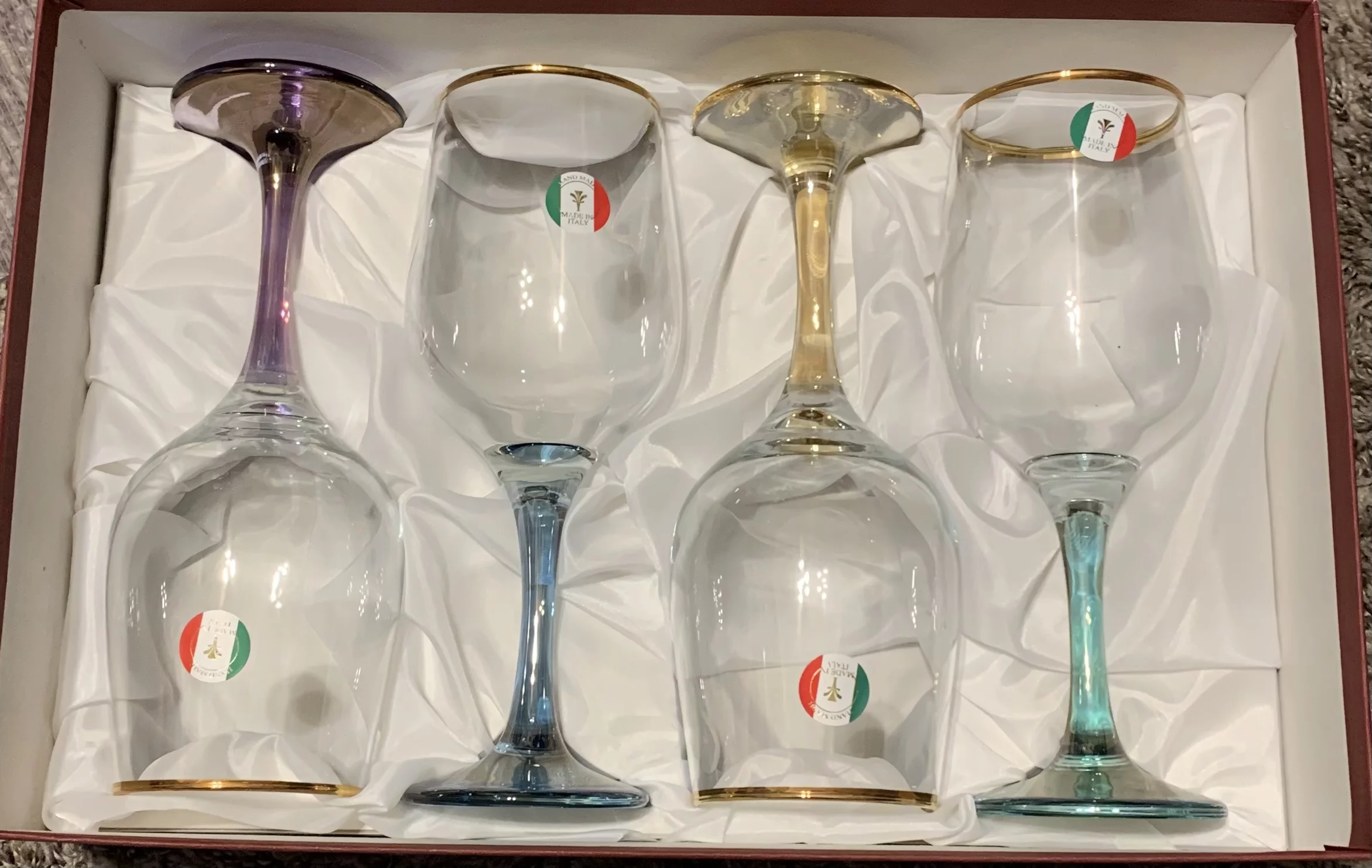 Murano Italy Wine Goblets 24k Rim Water Glass Multi Color Stem Italian Set of 4