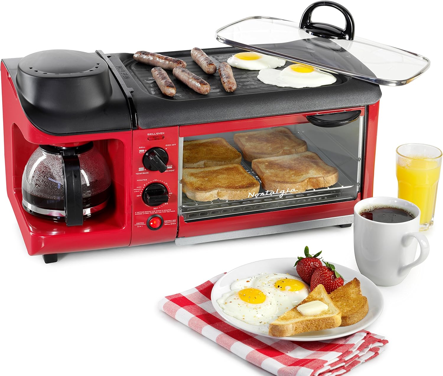 Nostalgia BSET300RETRORED 3-in-1 Family Size Breakfast Station, Red