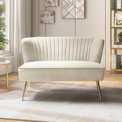 TINA'S HOME Contemporary Velvet Loveseat Sofa, Upholstered Loveseat Couch with Golden Metal Legs, Small Tufted 2-Seat Sofa Armless Love Seat for Living Room, Bedroom, Apartment Small Spaces, TAN