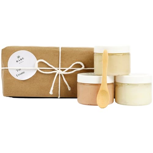 Bare Botanics 3 pc Body Scrub Gift Set - Ready to Gift Naturally Scented Sea Salt Scrub Made in Madison, WI - Formulated w/Skin Loving Moisturizers - Vegan, Cruelty Free Exfoliator w/a Cute Spoon