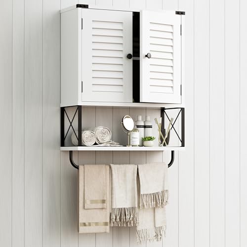 Bathroom Medicine Wall Cabinet, Bathroom Hanging Storage Cabinets with Louver Doors, Medicine Cabinet Organizer Wall Mounted with Towel Bar, White