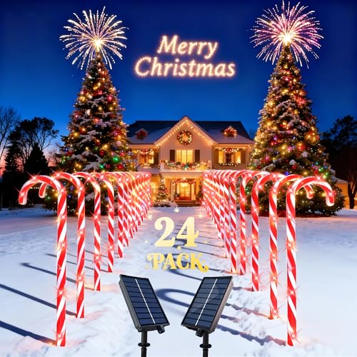 COOLWUFAN 24 Pack Solar Christmas Candy Cane Lights Outdoor Decorations, Christmas Pathway Lights with 168 Warm Lights, Waterproof Xmas Decor Marker Lights for Yard, Garden, Walkway, Lawn