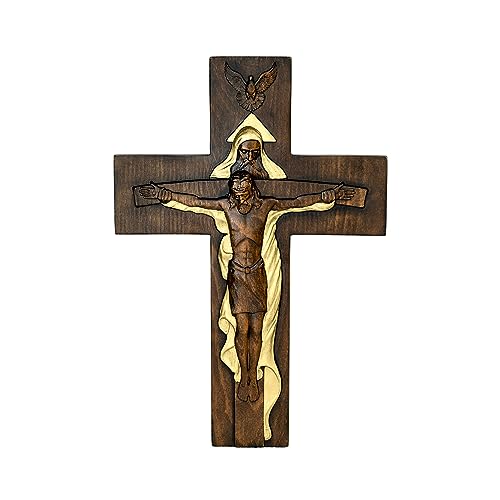 BGCOPPER Holy Trinity Crucifix Wall Cross, Christ Jesus Cross for Wall with Hook, Handmade Wooden Cross Wall Decor for Home Room Church Christmas Gifts (Retro, 12 Inch)