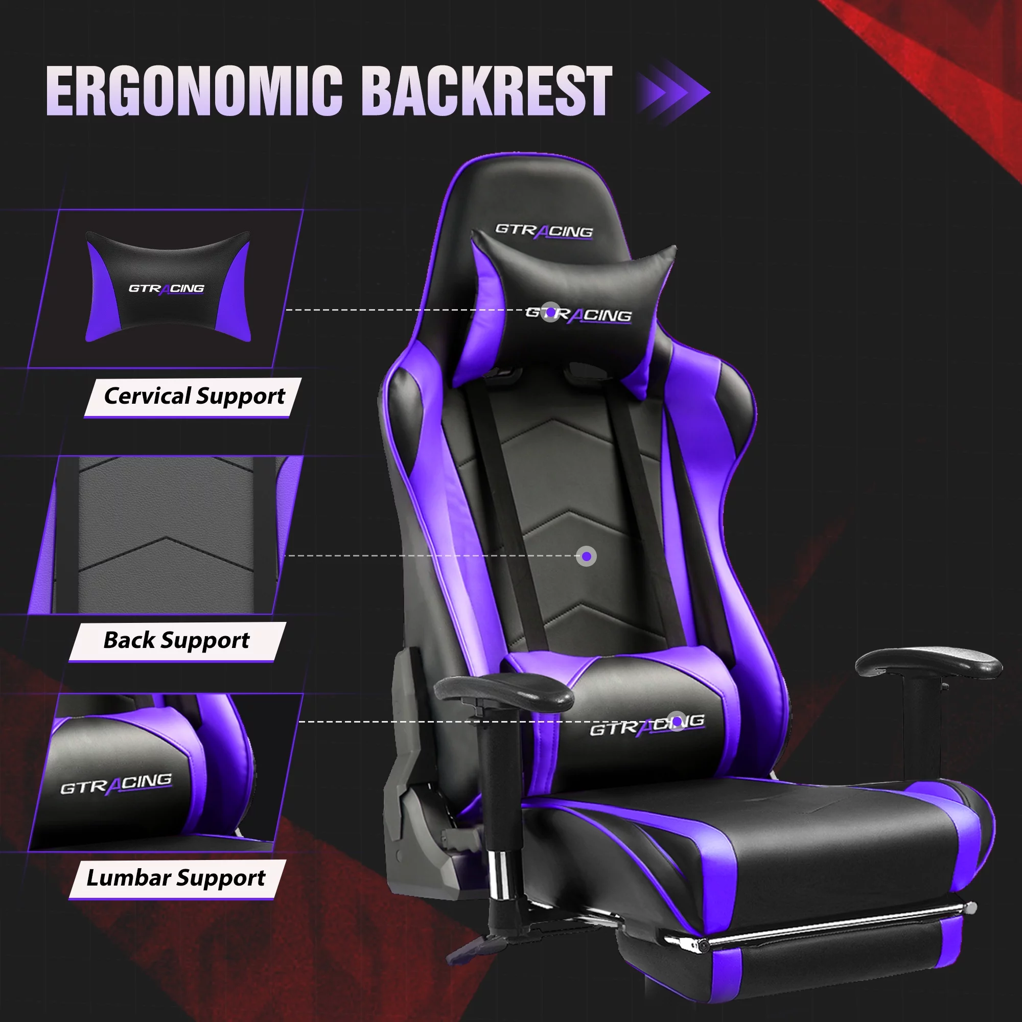 GTRACING Gaming Chair with Footrest PU Leather Office Chair with Adjustable Headrest, Purple