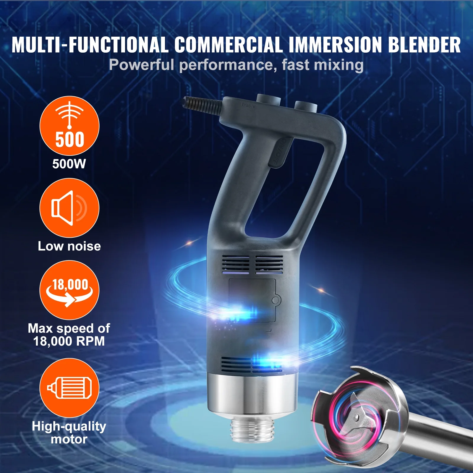 BENTISM Commercial Heavy Duty Immersion Blender Heavy Duty Hand Mixer 304 Stainless Steel Hand Blender 500W Infinite Speed Adjustable MAX 18,000