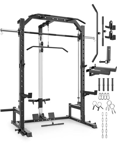 Smith Machine Home Gym with Barbell Bar, Cable System, Lat Pulldown Attachments, Safety Spotter Arms, J Hooks, Landmine, Multi-Functional Squat Rack for Full Body Strength Training