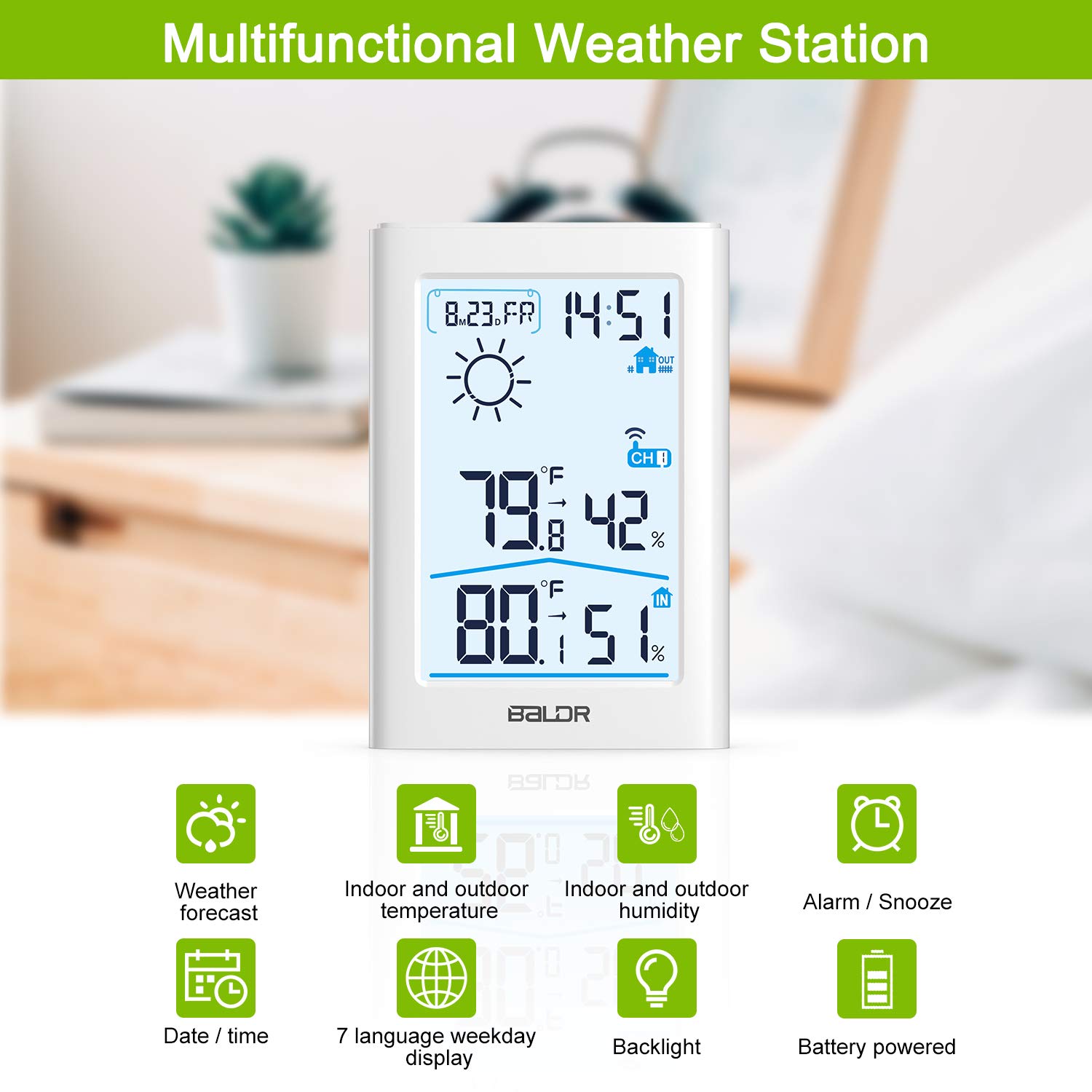 Slopehill Weather Station, Wireless Indoor Outdoor Thermometer Hygrometer with Remote Sensor, Digital Temperature and Humidity Monitor with Weather Forecast, Date/Time Display, Alarm Clock, Backlight