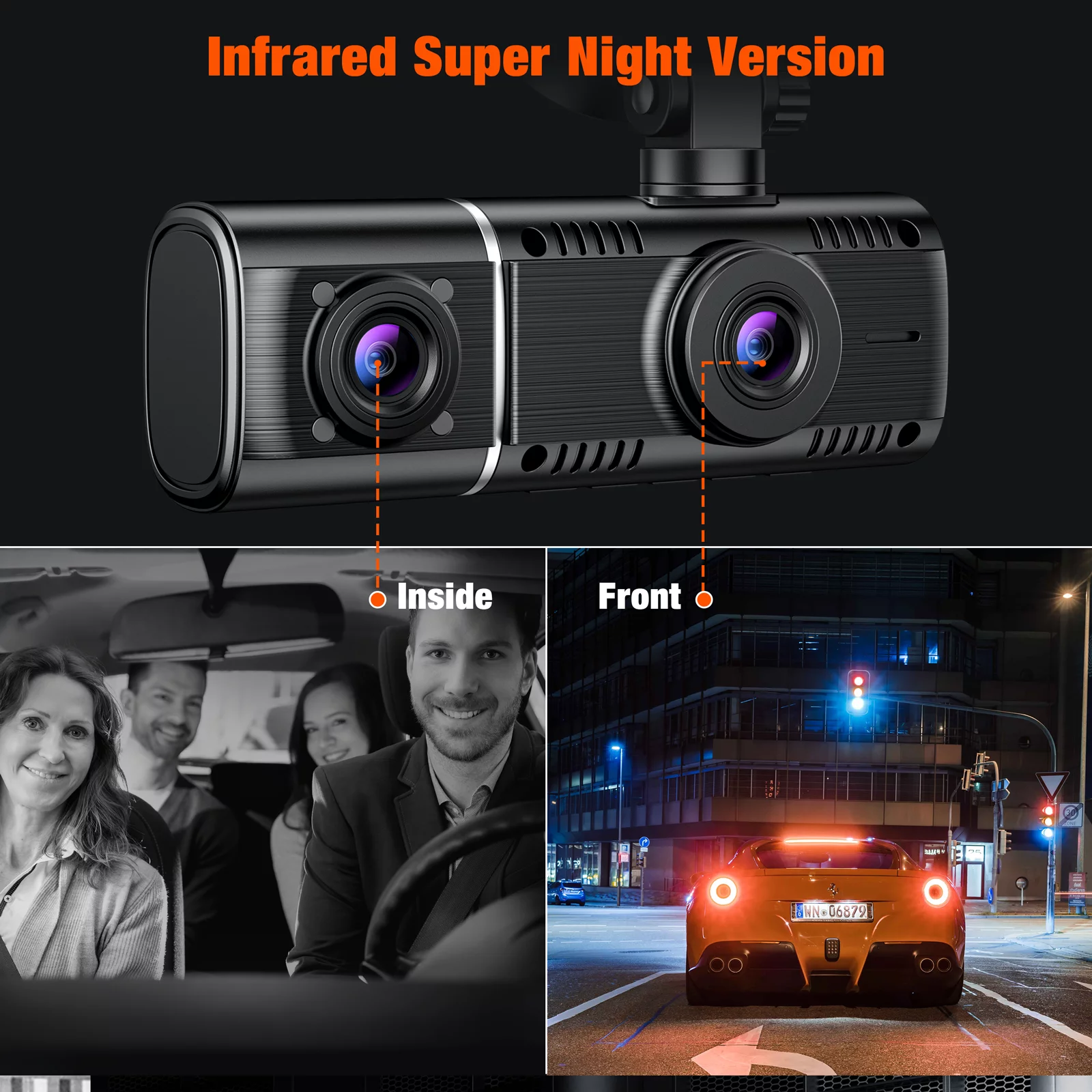 TOGUARD 3 Channel 1080P Dash Cam , 1080P+720P+720P Way Triple Car Camera,IR Night Vision, 24 Hour Parking Mode,with 64GB SD Card