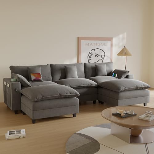 Modular Sectional Sofa, Cloud Couch with Ottoman, Charging Station, Throw Pillows, Cup Holders, Modern Convertible U Shaped Couches for Living Room, Bedroom and Apartment (White, 116