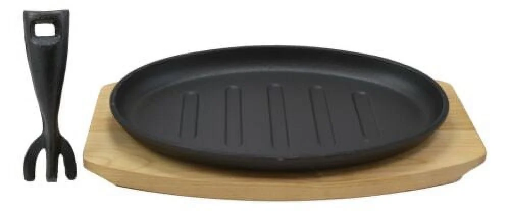 Enameled Cast Iron Fajita Skillet Japanese Steak Ridged Plate & Base Set 10.5