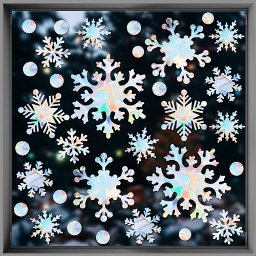 76 Pcs Extra Large Snowflake Window Clings 9.8 Inch Winter Iridescent Window Sticker Wonderland Decorations Laser Rainbow Anti Collision Decals to Save Birds Non Adhesive Holiday Indoor