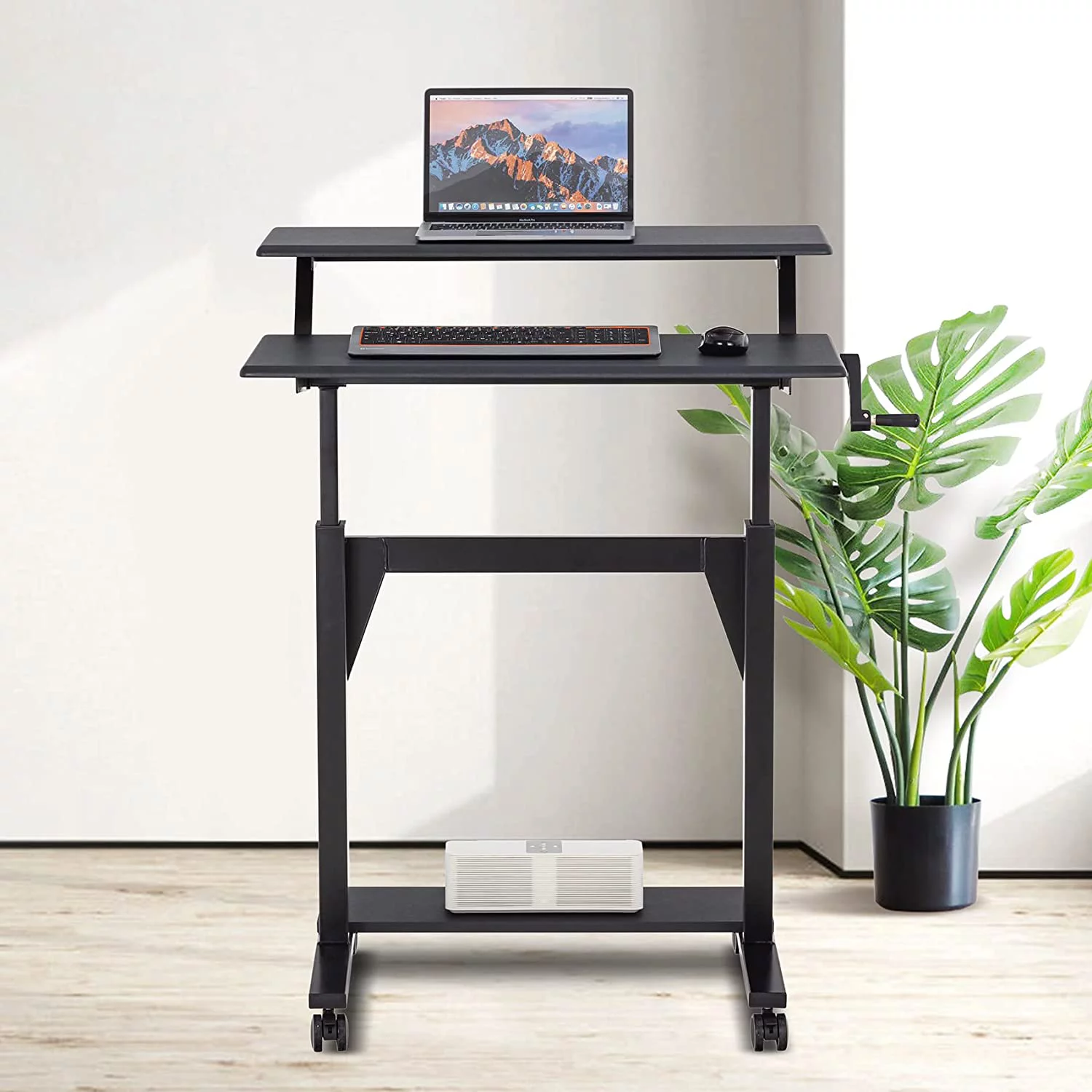 Crank Adjustable Height Standing Desk, 2 Tier Adjustable Sit To Stand Up Desk, Mobile Standing Desk, Rolling Table  (White Frame/Light Oak Top-2T-Crank)
