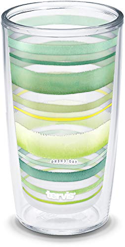 Tervis Yao Cheng Green Crystal Made in USA Double Walled Insulated Tumbler Travel Cup Keeps Drinks Cold & Hot, 16oz, Green Blue Stripe