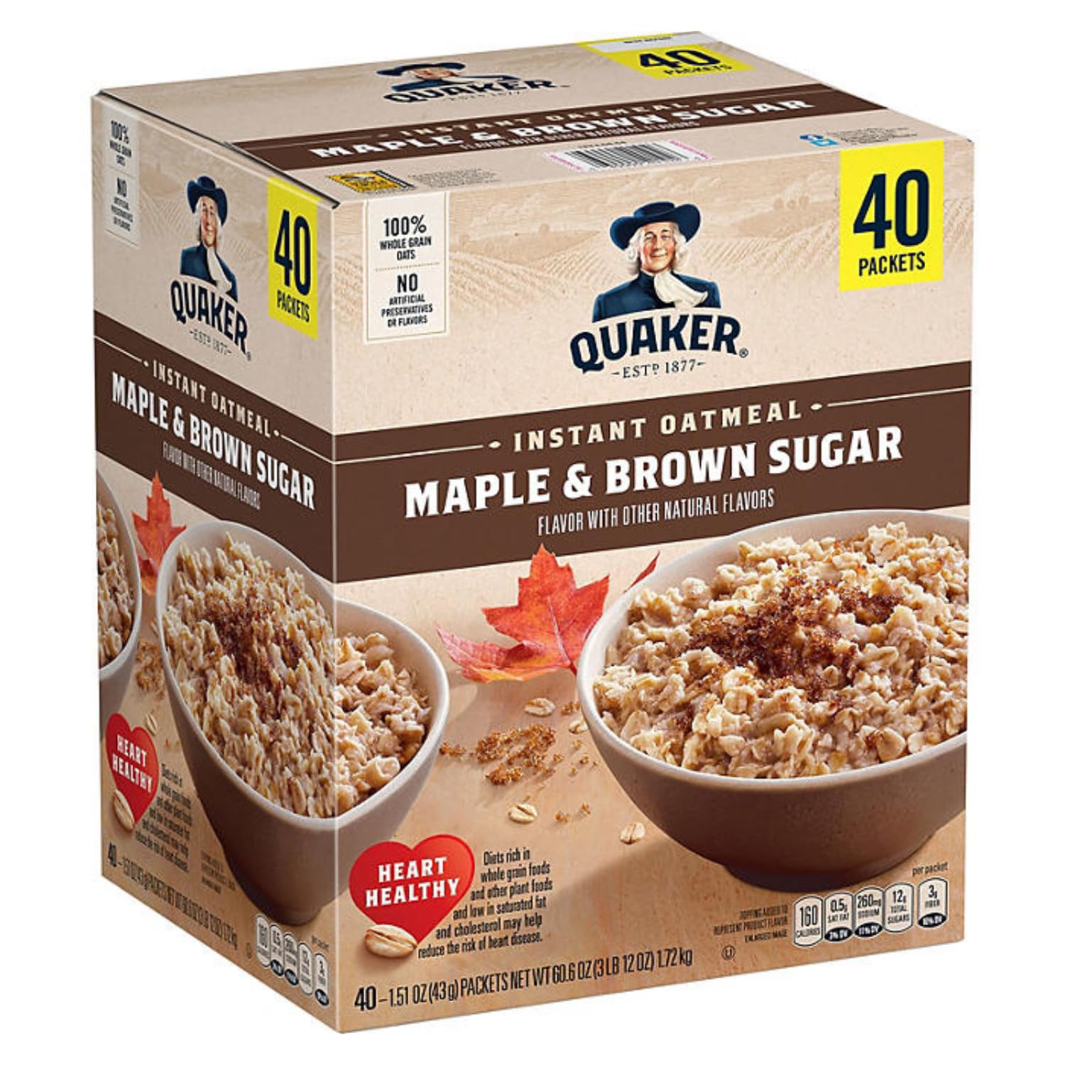 Quaker Instant Oatmeal, Maple & Brown Sugar, Individual Packets, 1.51 Ounce (Pack of 40)