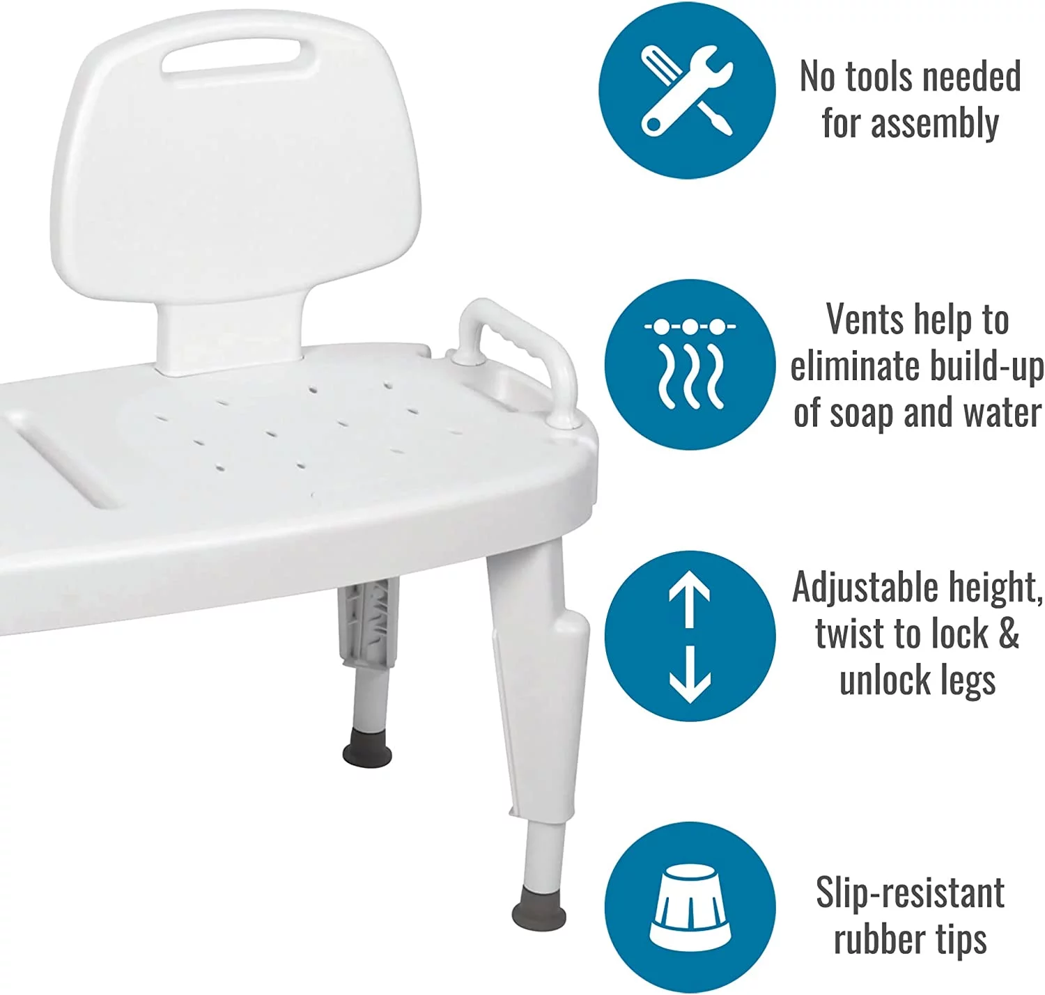 DMI Tool-Free Universal Transfer Bench for Bathtubs & Showers, 350lb Weight Capacity, Adjustable Legs, Secure Handles, FSA & HSA Eligible