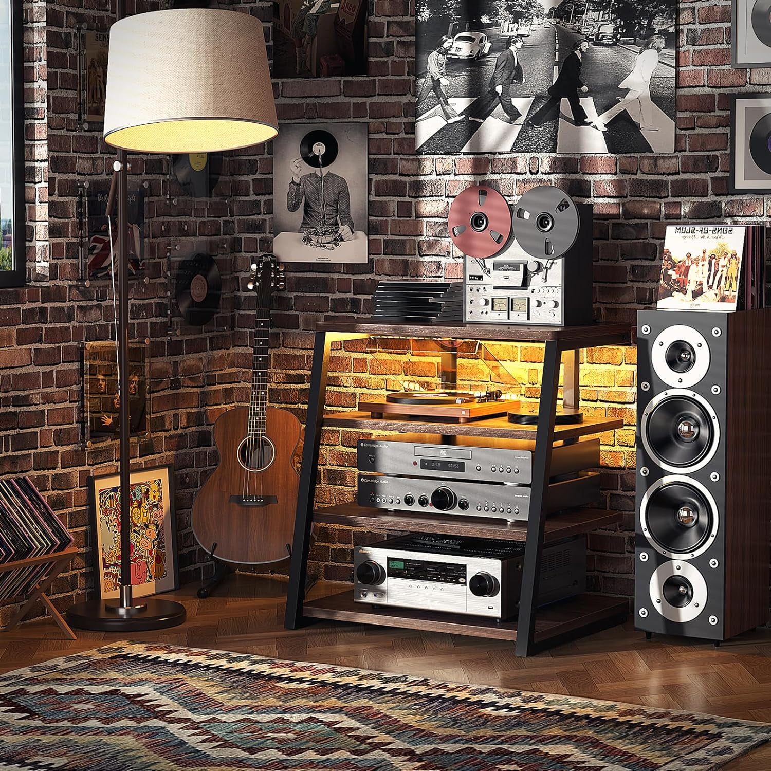 YINCHEN 4-Tier AV Media Stand with Power Strips, Corner TV Stand with LED Lights, Rack Audio Tower with Adjustable Shelves, Corner Entertainment Center, 30'', Black Walnut