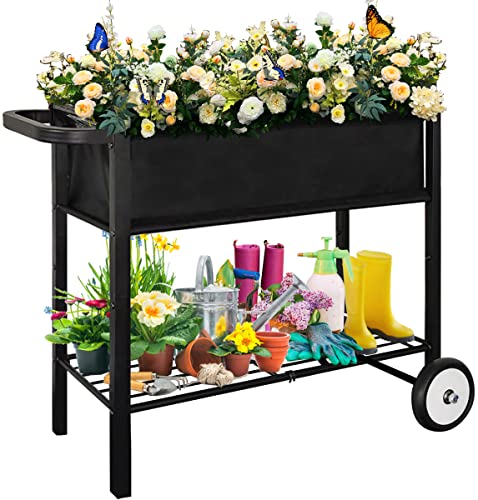 Koutemie Outdoor Raised Planter Bed Box with Legs for Gardening, Elevated DIY Garden Cart on Wheels for Vegetables Flower Tomato Herb Plant, Black