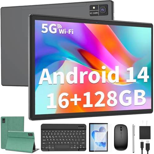 Android Tablet with Keyboard, 10 inch Android 14 Tablets, 16GB RAM 128GB ROM,1TB Expand, 5G WiFi, Bluetooth, 8000mAh Battery, GMS Certified, 2 in 1 Tablet with Keyboard, Mouse, Case, Stylus(Black)